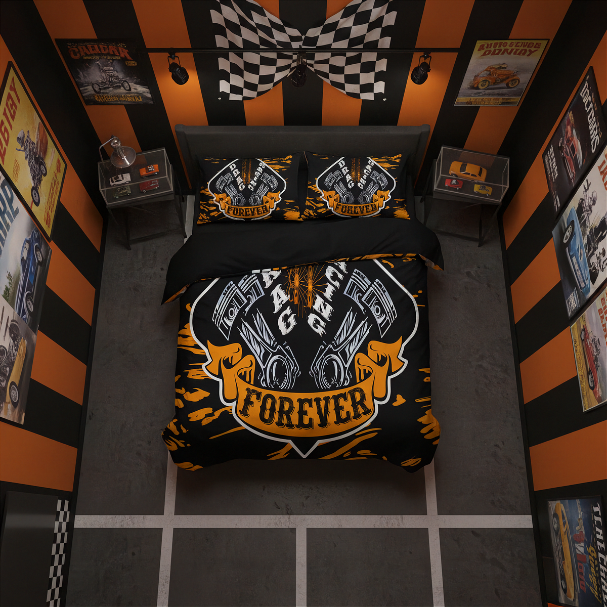 A themed bedroom setup featuring a black and orange racing-themed bedding set with a large 'Racing Forever' graphic on the duvet cover and matching pillowcases. The room is styled with orange and black striped walls, vintage car posters, and a checkered bow on the ceiling.