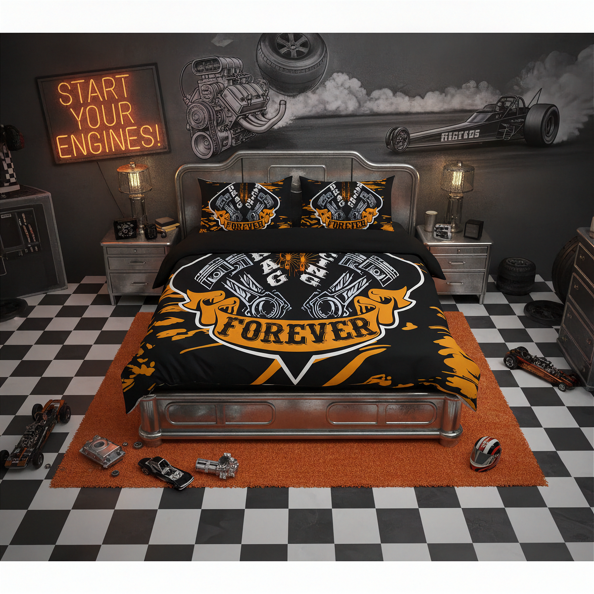 A themed bedroom set featuring a black comforter and matching pillowcases with a bold orange and white hot rod engine graphic and 'Racing Forever' text, styled in a dark gray room with a checkered floor, toy cars, and a neon sign.