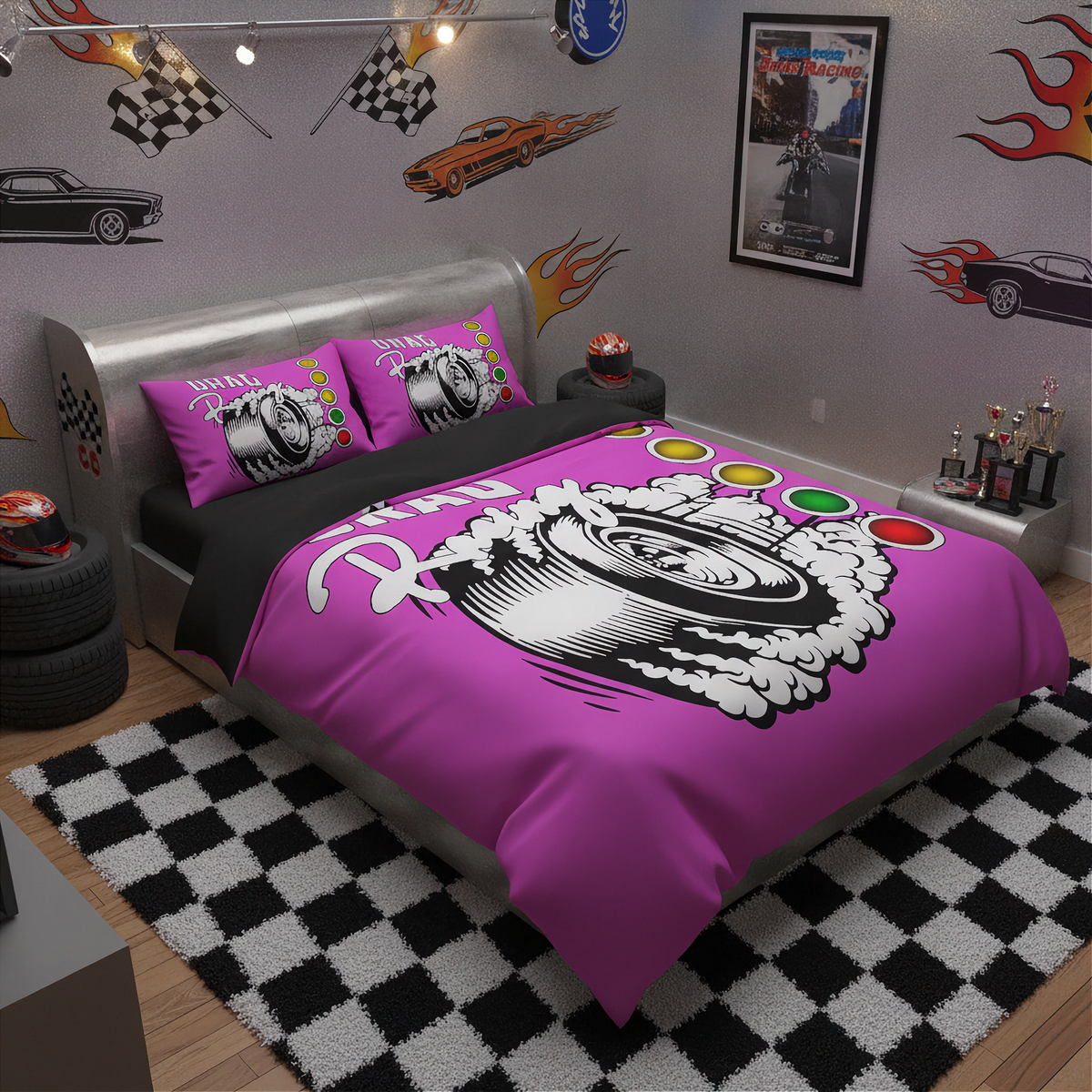 A racing-themed bedding set displayed on a bed in a styled bedroom. The set includes a vibrant magenta-purple duvet cover and two matching pillowcases featuring a black and white tire graphic with the word 'drag RACing'.