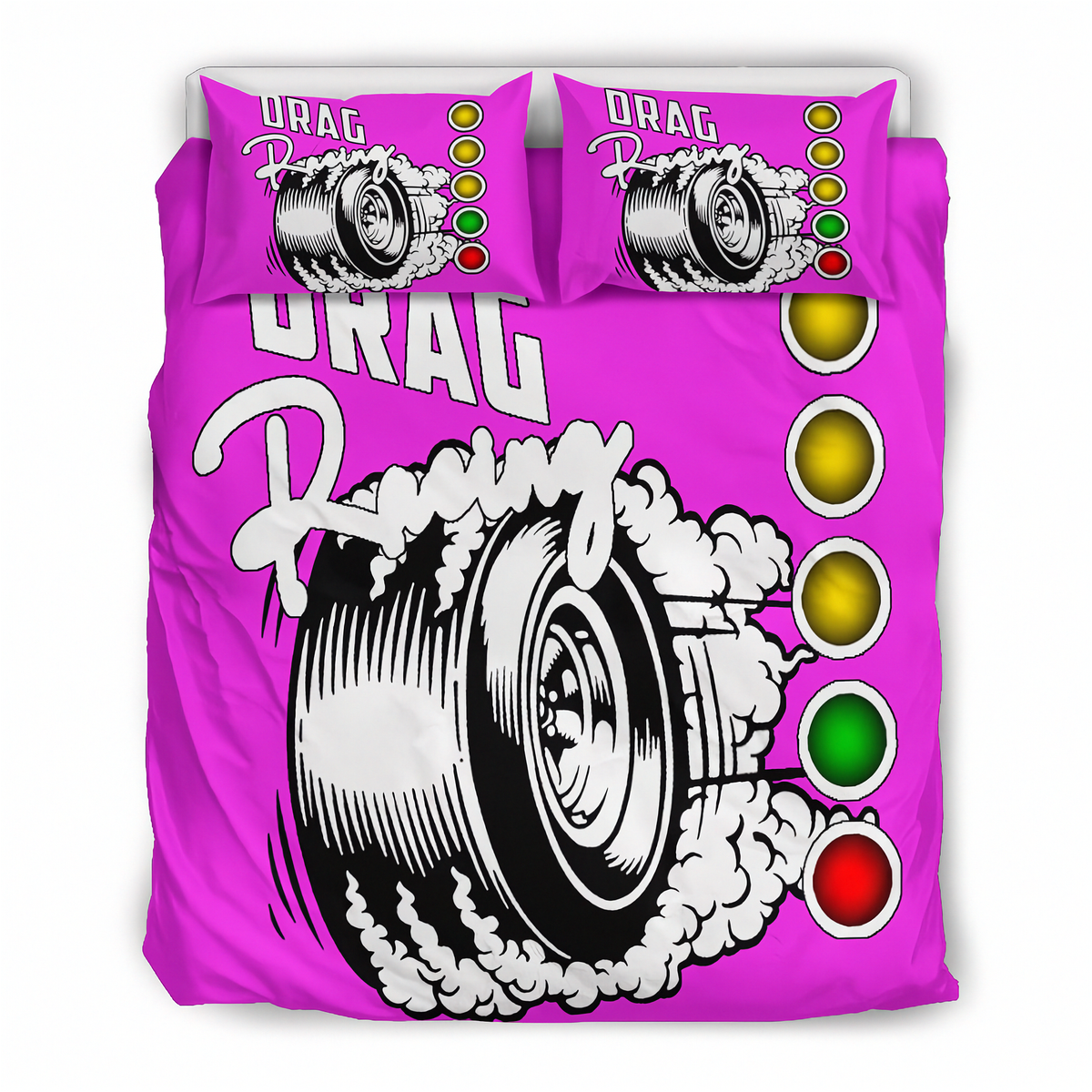 A bright pink bedding set featuring a duvet cover and two matching pillowcases with a drag racing graphic design. The design includes a black and white tire with smoke, the words 'DRAG Racing', and a vertical sequence of yellow, gold, green, and red oval lights.