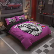 A bed dressed in a bright pink racing-themed bedding set with a large black-and-white tire graphic and colorful oval accents, shown in a modern bedroom with race-wall art and racing decor.