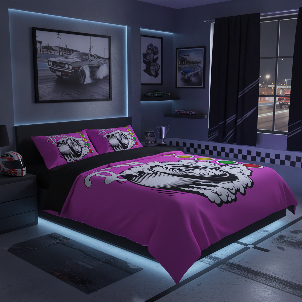 A racing-themed bedding set with a vibrant purple duvet cover and matching pillowcases featuring a black and white graphic of a race car and the number 7. The set is styled in a modern, dark-themed bedroom with racing wall art, LED lighting, and a window view.