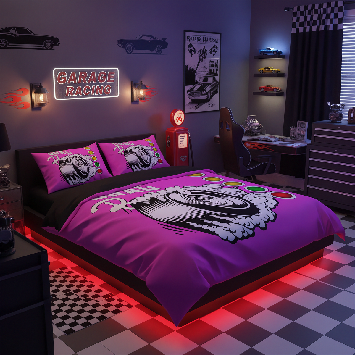 A purple and black garage racing themed bedding set with a tire graphic, styled in a dark gray gaming room with checkered floor, racing decor, and red ambient lighting.