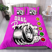 A bright pink bedding set featuring a duvet cover and two matching pillowcases with a drag racing graphic design. The design includes a black and white tire illustration with white smoke, the words 'DRAG Racing', and a vertical sequence of yellow, green, and red oval lights.