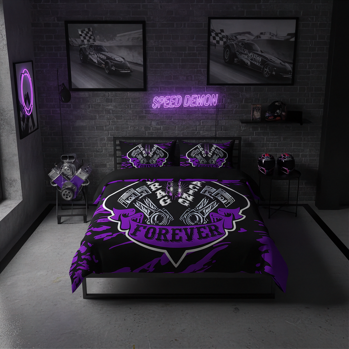 A black and purple racing-themed bedding set with a large 'Racing Forever' graphic on the duvet cover and matching pillowcases, styled in a dark, modern bedroom with a neon sign and racing wall art.