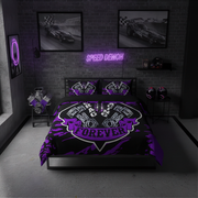 A black and purple racing-themed bedding set with a large 'Racing Forever' graphic on the duvet cover and matching pillowcases, styled in a dark, modern bedroom with a neon sign and racing wall art.