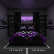 A drag racing themed bedding set displayed on a bed in a dark, modern bedroom. The set includes a duvet cover and two matching pillowcases, featuring a black background with a purple and white 'DREW LACY' drag racer logo.