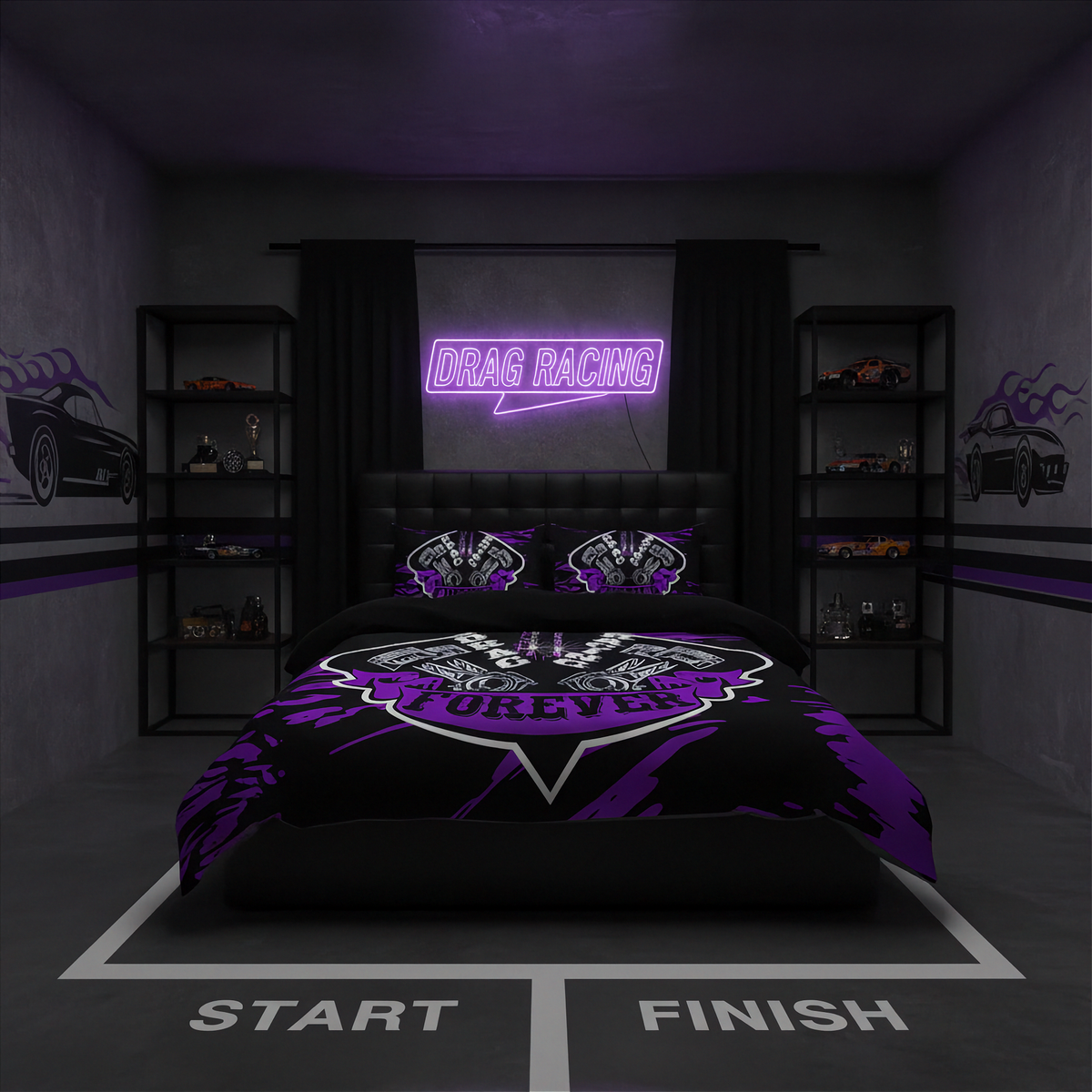 A drag racing themed bedding set displayed on a bed in a dark, modern bedroom. The set includes a duvet cover and two matching pillowcases, featuring a black background with a purple and white 'DREW LACY' drag racer logo.