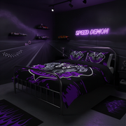 A bed dressed in a black and purple racing-themed bedding set with a large 'SPEED DEMON' neon sign on the wall, set in a dark room with a race track mural and toy cars.
