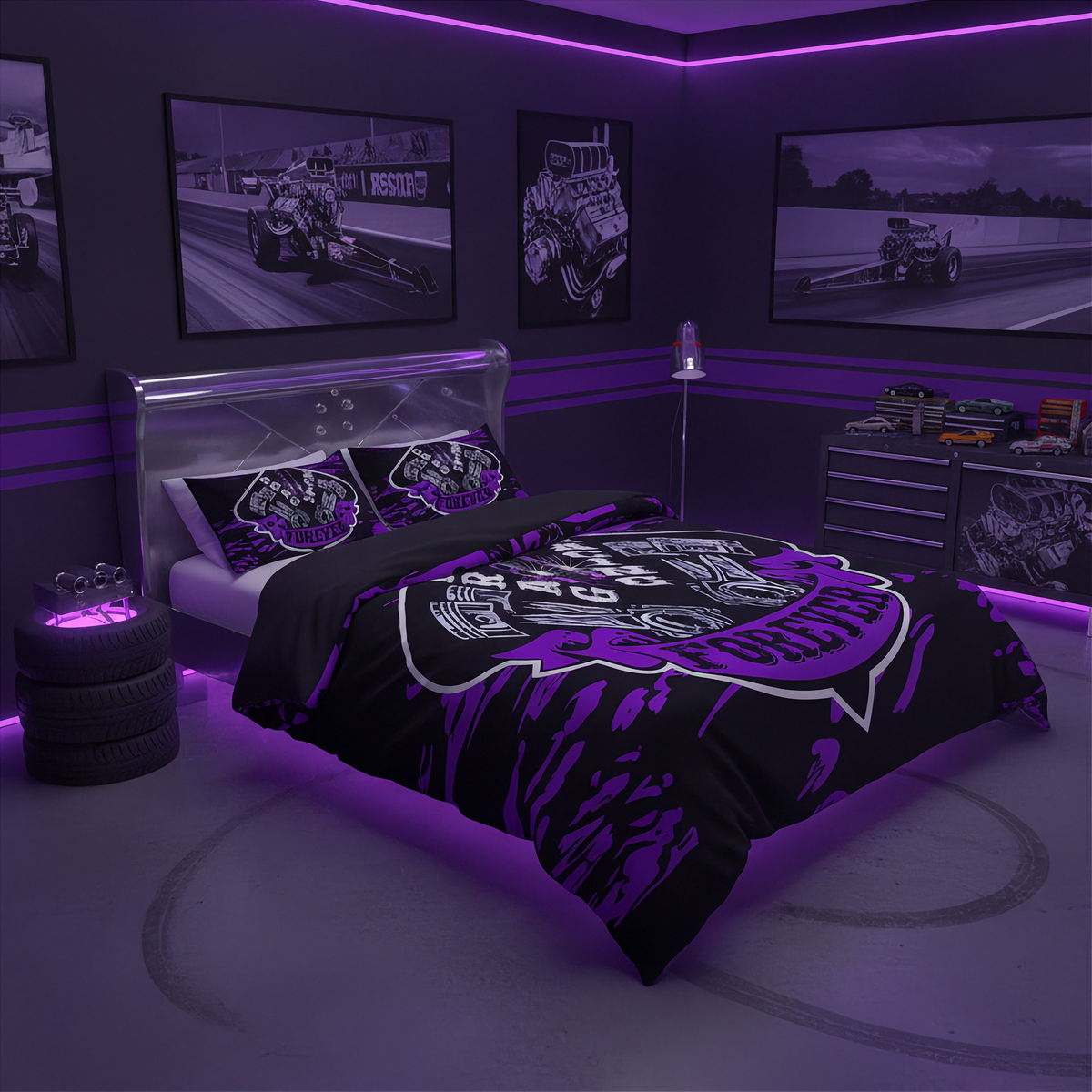 A styled bedroom scene featuring a bed dressed in a black and purple racing-themed bedding set with a large graphic print. The room is decorated with matching framed wall art, a dresser, and purple ambient lighting.