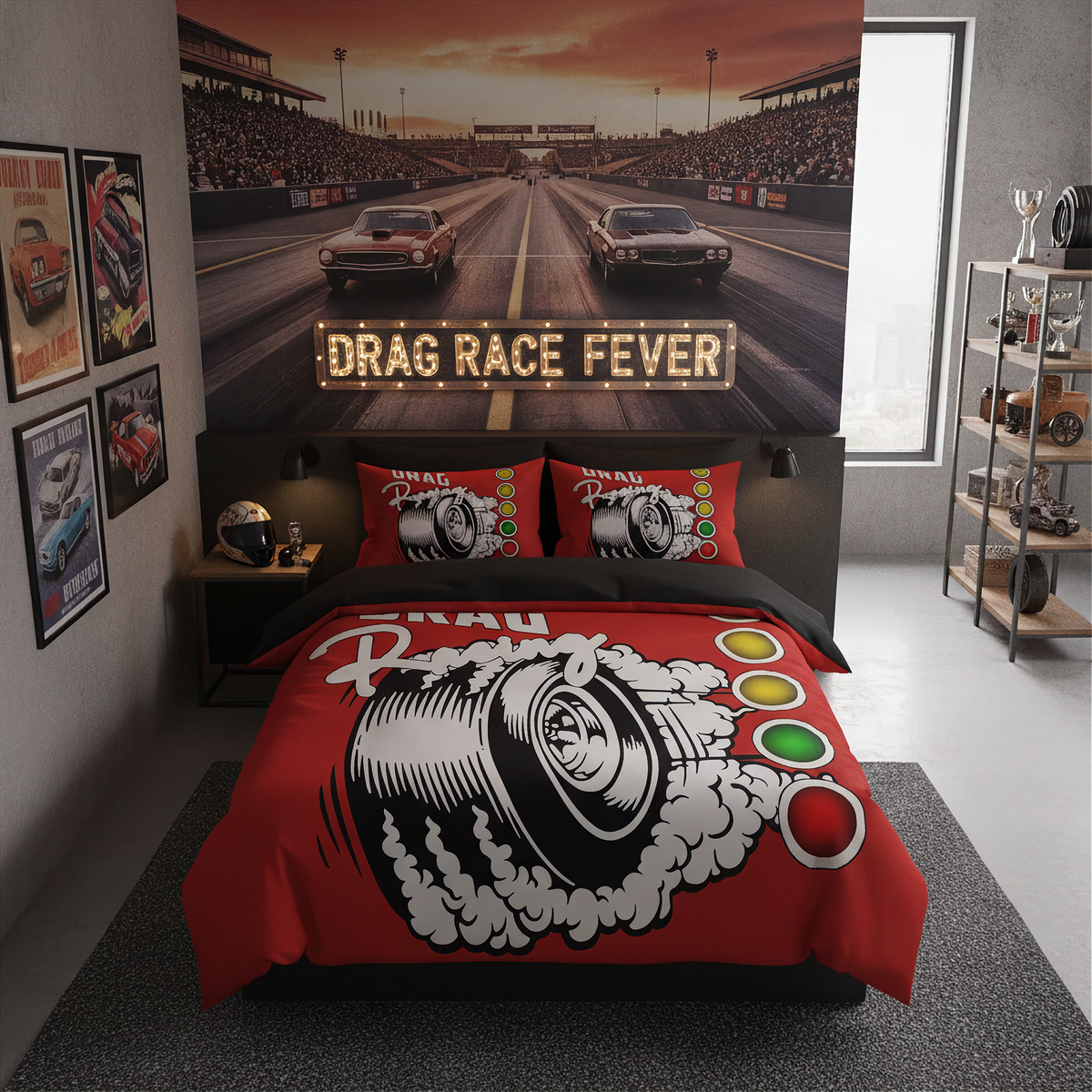A racing-themed bedding set displayed on a bed in a modern bedroom. The set includes a red comforter and two matching red pillowcases featuring a large black and white tire graphic with green, yellow, and red oval accents, and the words 'DRAG RACE FEVER' and 'DRAG'.