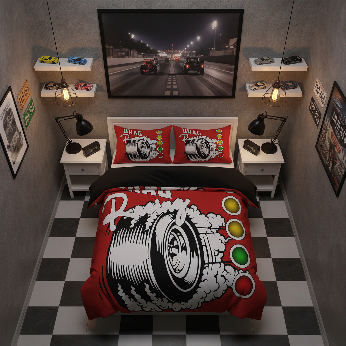 A racing-themed bedding set styled in a modern bedroom. The set includes a red comforter and two matching pillowcases featuring a black and white tire graphic with red, yellow, and green traffic light dots.