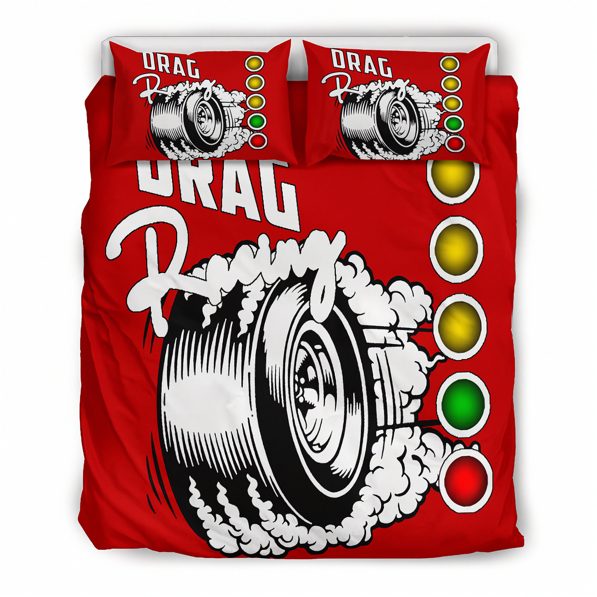 A red bedding set featuring a duvet cover and two matching pillowcases with a graphic design of a tire spinning on smoke, the words 'DRAG Racing', and vertical traffic light symbols in yellow, green, and red.