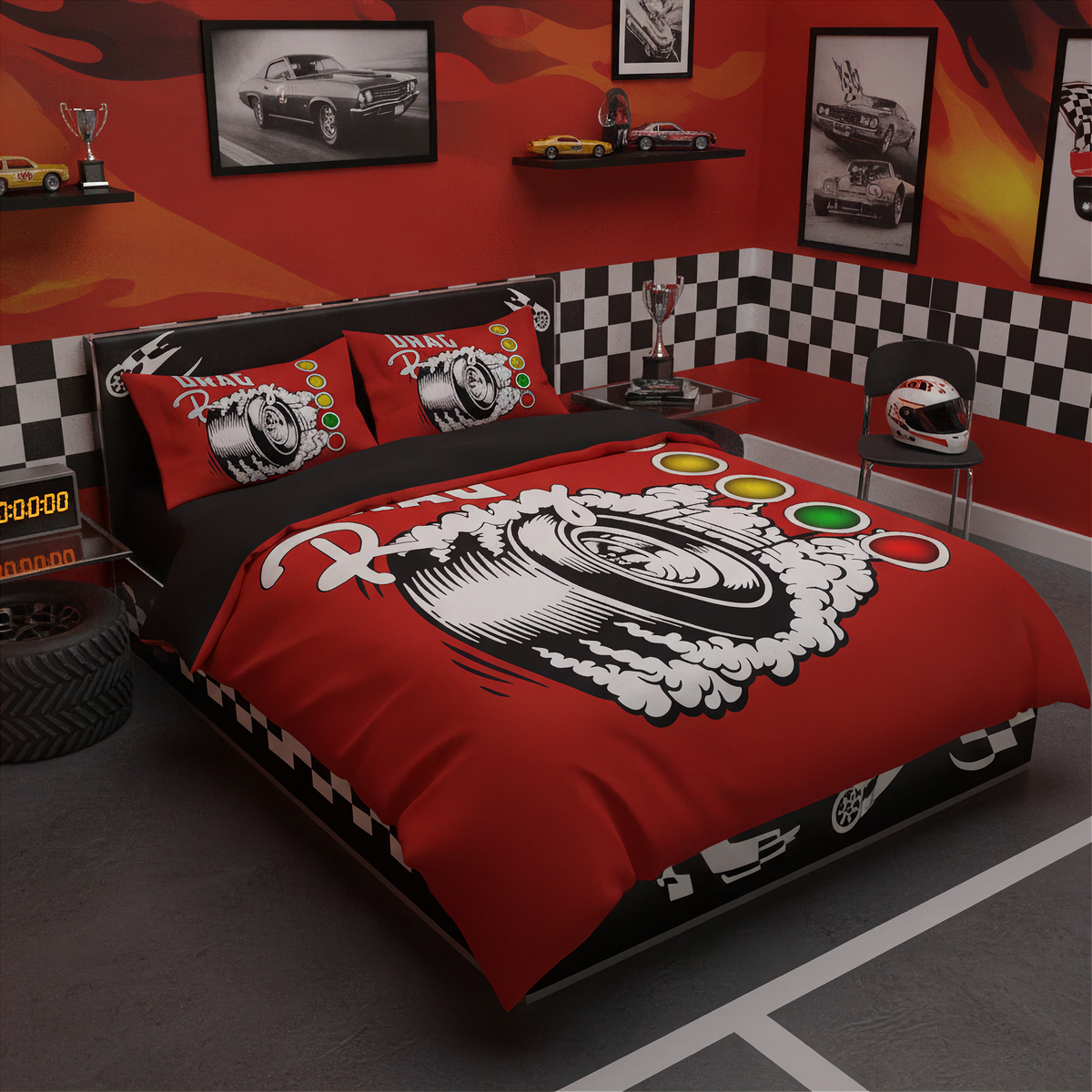 A racing-themed bedding set featuring a red and black duvet cover and two matching pillowcases with a tire graphic and checkered accents, styled in a race-car-decorated bedroom.