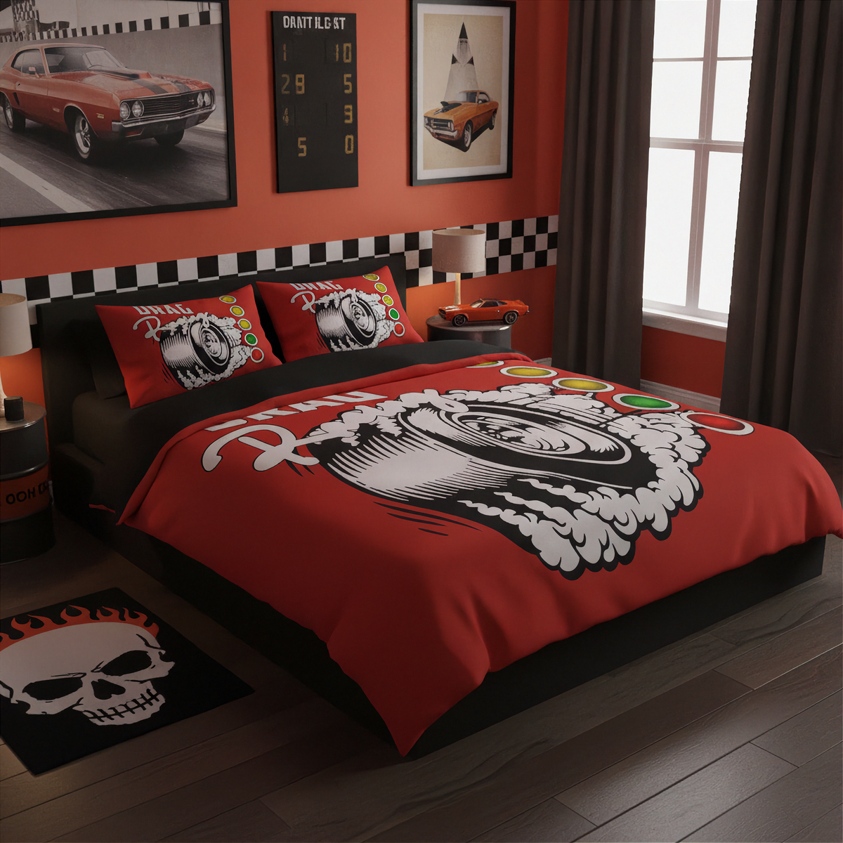 A bed dressed in a red, black, and white biker-style bedding set with a large skull graphic and racing-themed pillows, styled in a bedroom with car posters, a window, and dark curtains.