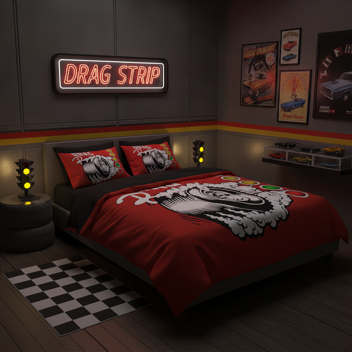 A styled bedroom scene featuring a red and black drag strip themed bedding set on a bed, with matching red pillows. The room has a dark gray wall with a neon 'DRAG STRIP' sign, vintage car posters, toy cars on a shelf, and a checkered rug on the floor.