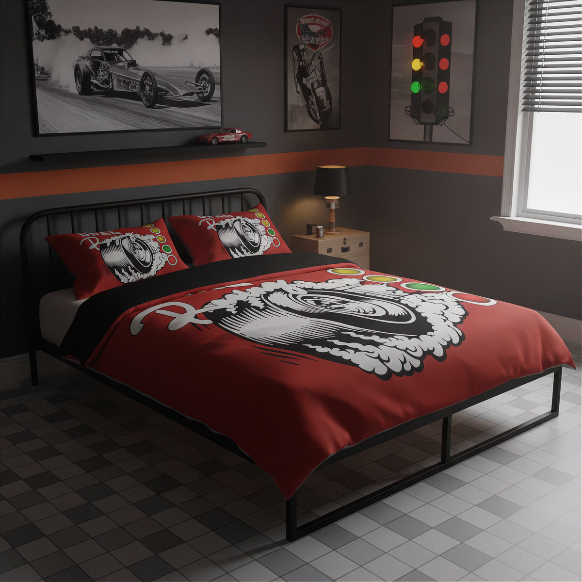 A racing-themed bedding set featuring a red duvet cover and matching pillowcases with a large black and white graphic of a race car driver's helmet and goggles, styled on a bed in a dark gray bedroom.