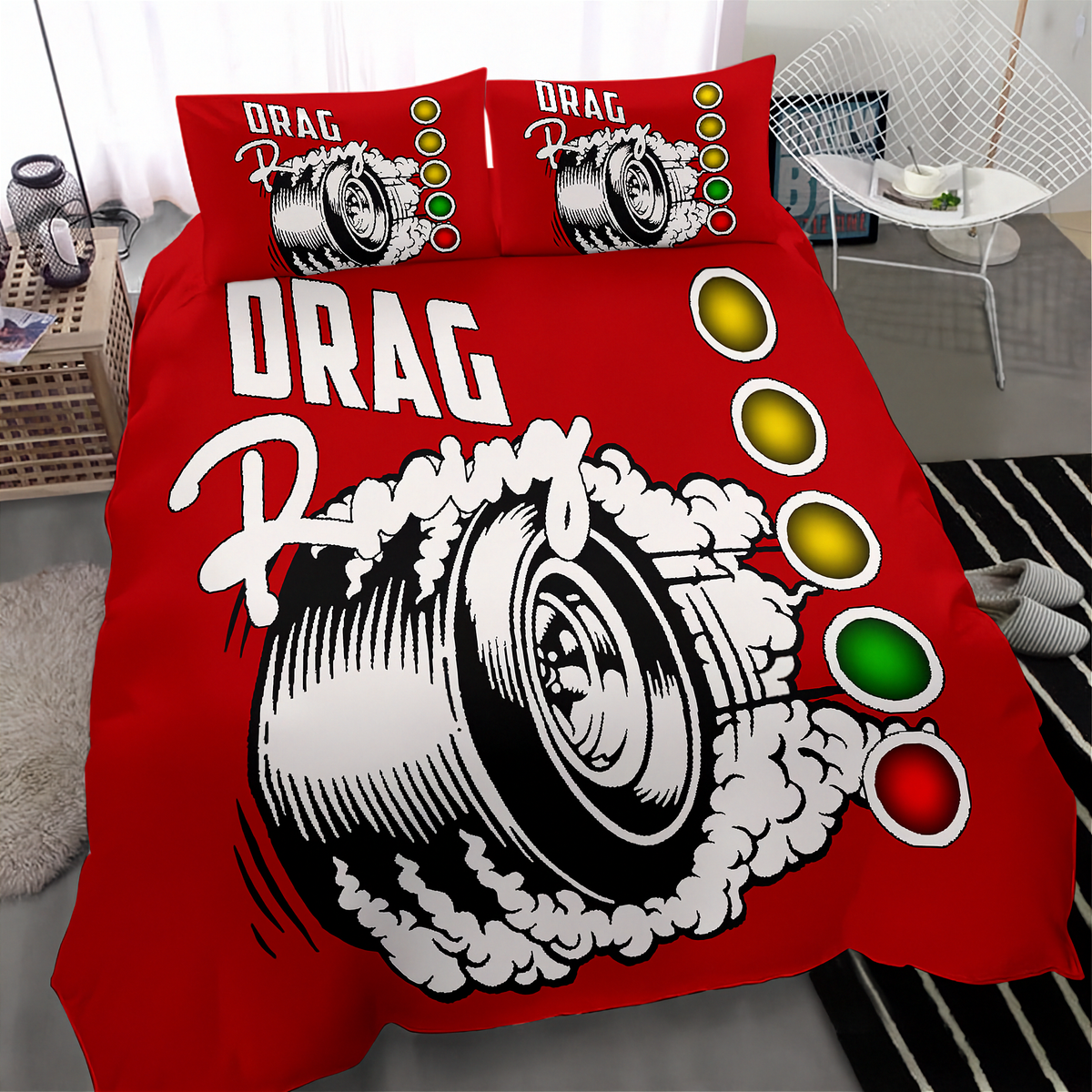 A red bedding set with a drag racing graphic, including a duvet cover and two matching pillowcases, styled on a bed in a modern bedroom setting.