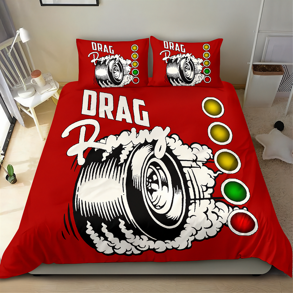 A red bedding set with a bold drag racing graphic, including a duvet cover and two matching pillowcases, displayed on a bed in a bedroom setting.