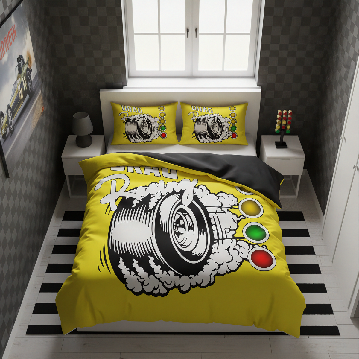 A yellow racing-themed bedding set with a large tire graphic and speedometer print, styled on a bed in a modern bedroom with black-and-white striped flooring and dark checkered walls.