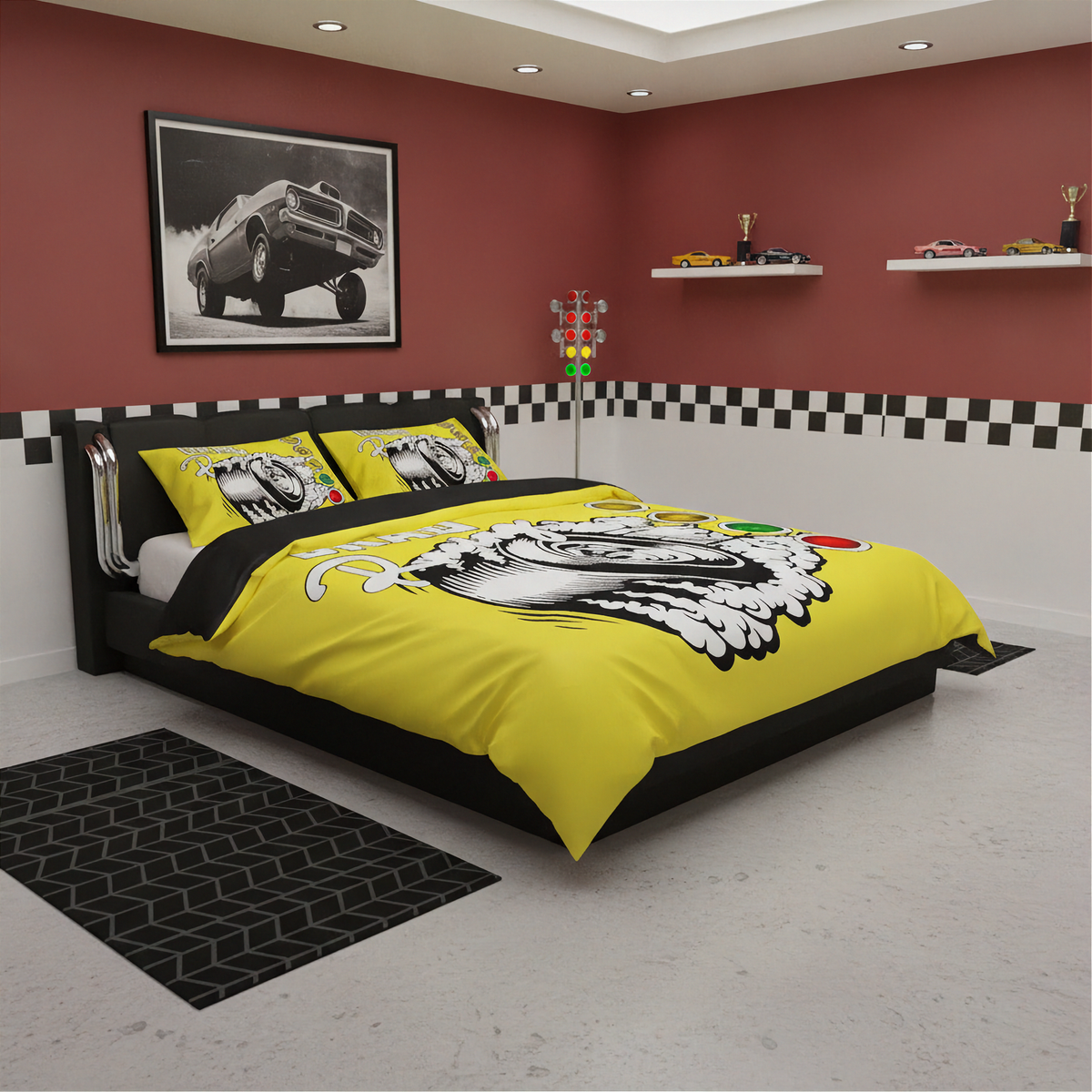 A racing-themed bedding set with a bright yellow duvet cover and matching pillowcases featuring a black and white graphic of a winged driver's helmet, styled on a black bed frame in a modern room with red walls and a checkered accent strip.