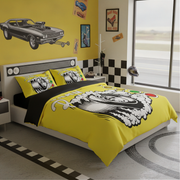 A racing-themed bedding set featuring a bright yellow duvet cover and matching pillowcases with a black and white cartoon winged wheel graphic, styled in a modern bedroom with a checkered wall and car decal.