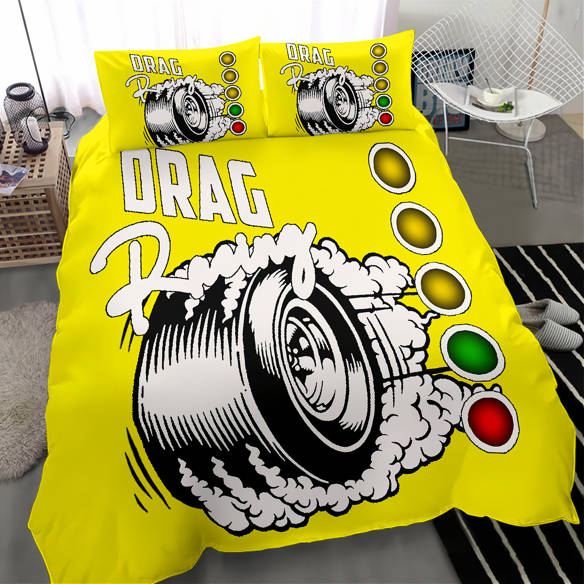 Bright yellow bedding set with a drag racing graphic, including a duvet cover and two matching pillowcases, styled in a modern bedroom setting.