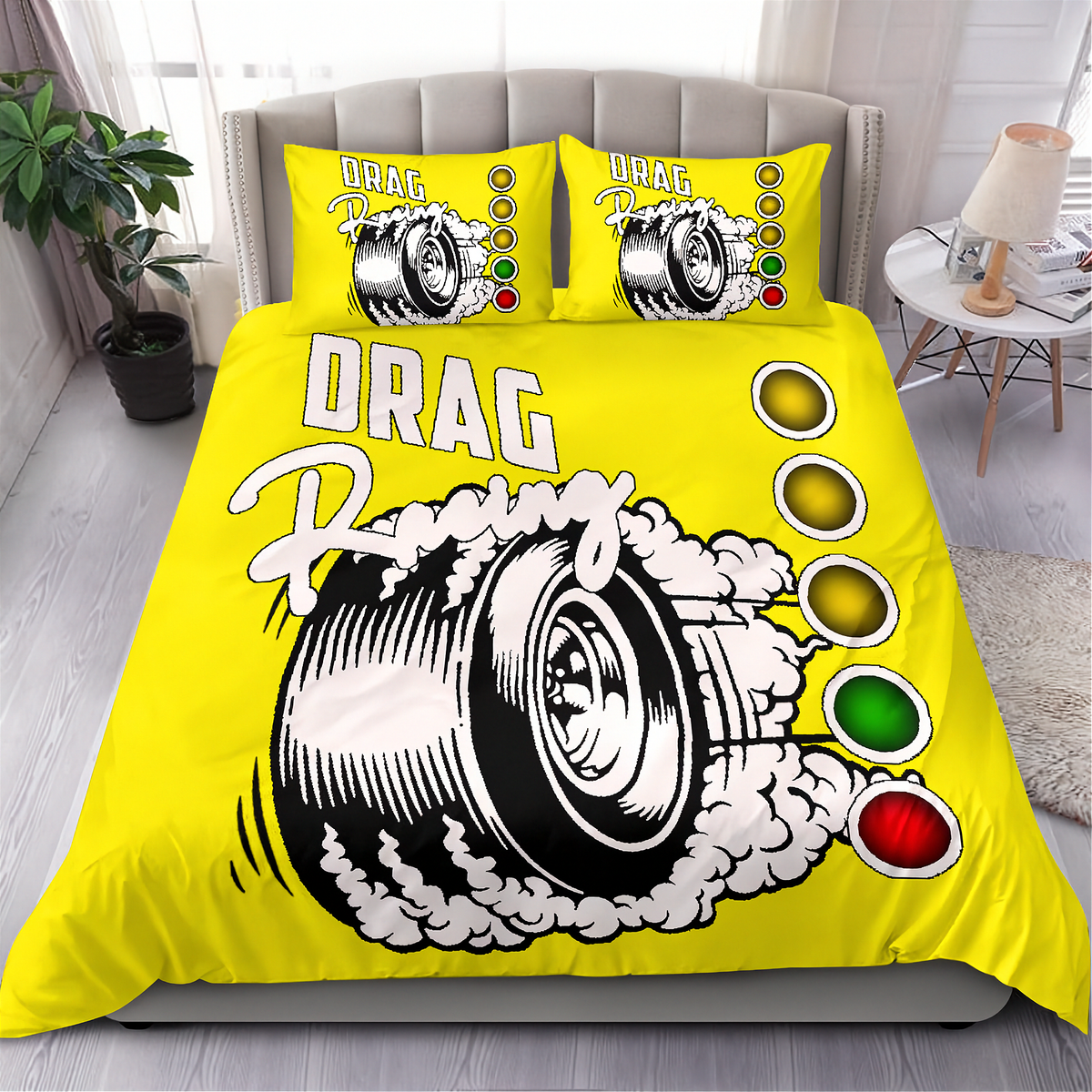 Bright yellow drag racing themed bedding set including a duvet cover and two pillowcases, displayed on a bed in a modern bedroom setting.