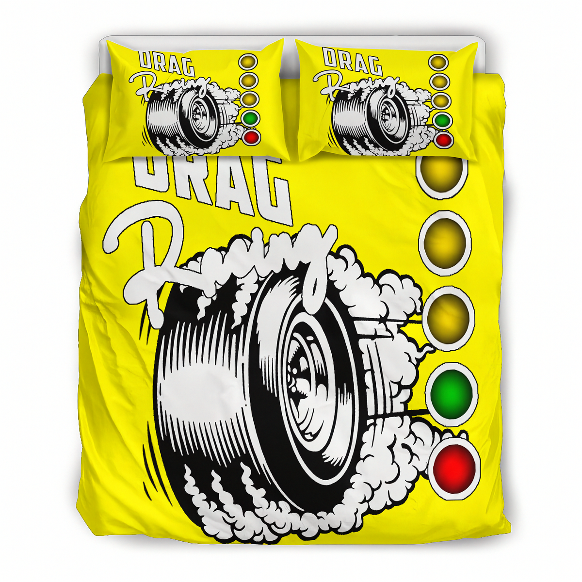 Bright yellow bedding set with two matching pillowcases featuring a racing tire graphic, bold white 'DRAG Racing' text, and a vertical row of colored light circles in yellow, green, and red.