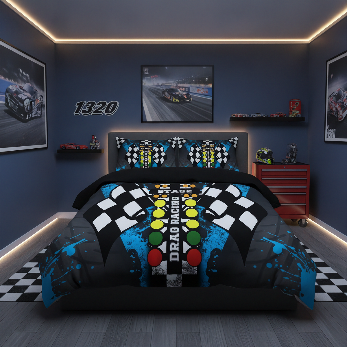 A racing-themed bedding set displayed on a bed in a modern, dark blue bedroom. The set includes a duvet cover and two matching pillowcases featuring a drag race graphic with checkered flags, a finish line, and a red, yellow, and green starting light sequence over a blue paint-splatter background.