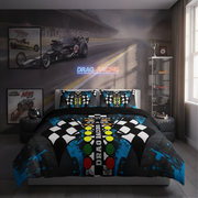 A racing-themed bedding set featuring a duvet cover and two pillowcases with a drag racing track design, displayed on a bed in a modern bedroom setting with drag racing wall art and a glass display cabinet.