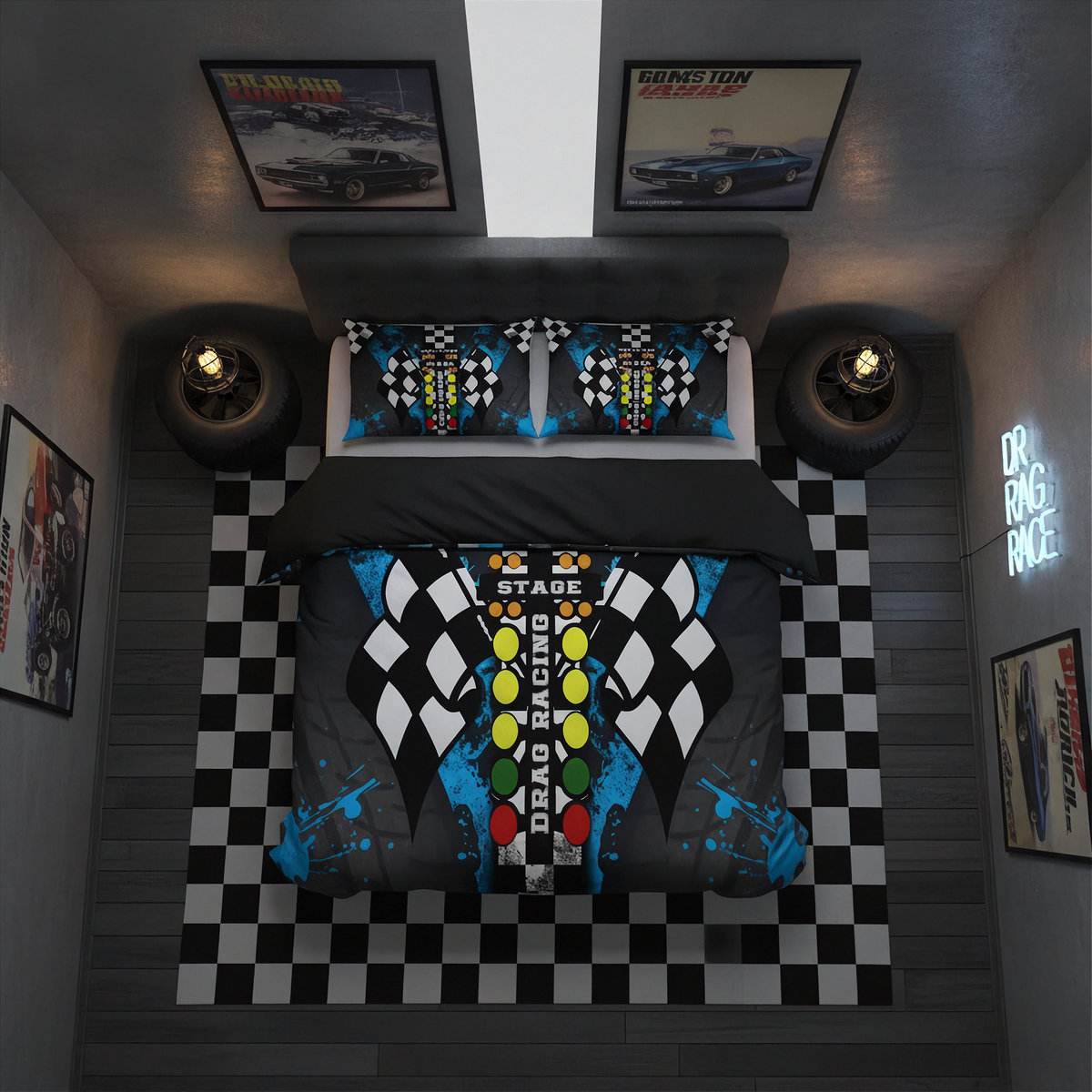 A racing-themed bedding set displayed on a bed in a styled bedroom. The set includes a duvet cover and two matching pillowcases featuring a black and white checkered flag pattern with a colorful central road graphic and blue paint splatters.