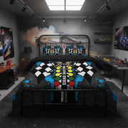 A racing-themed bedding set displayed on a bed in a modern, dark-themed bedroom. The set includes a duvet cover and two matching pillowcases featuring a black and blue checkered flag design, yellow racing lights, and 'DRAG RACING' text.