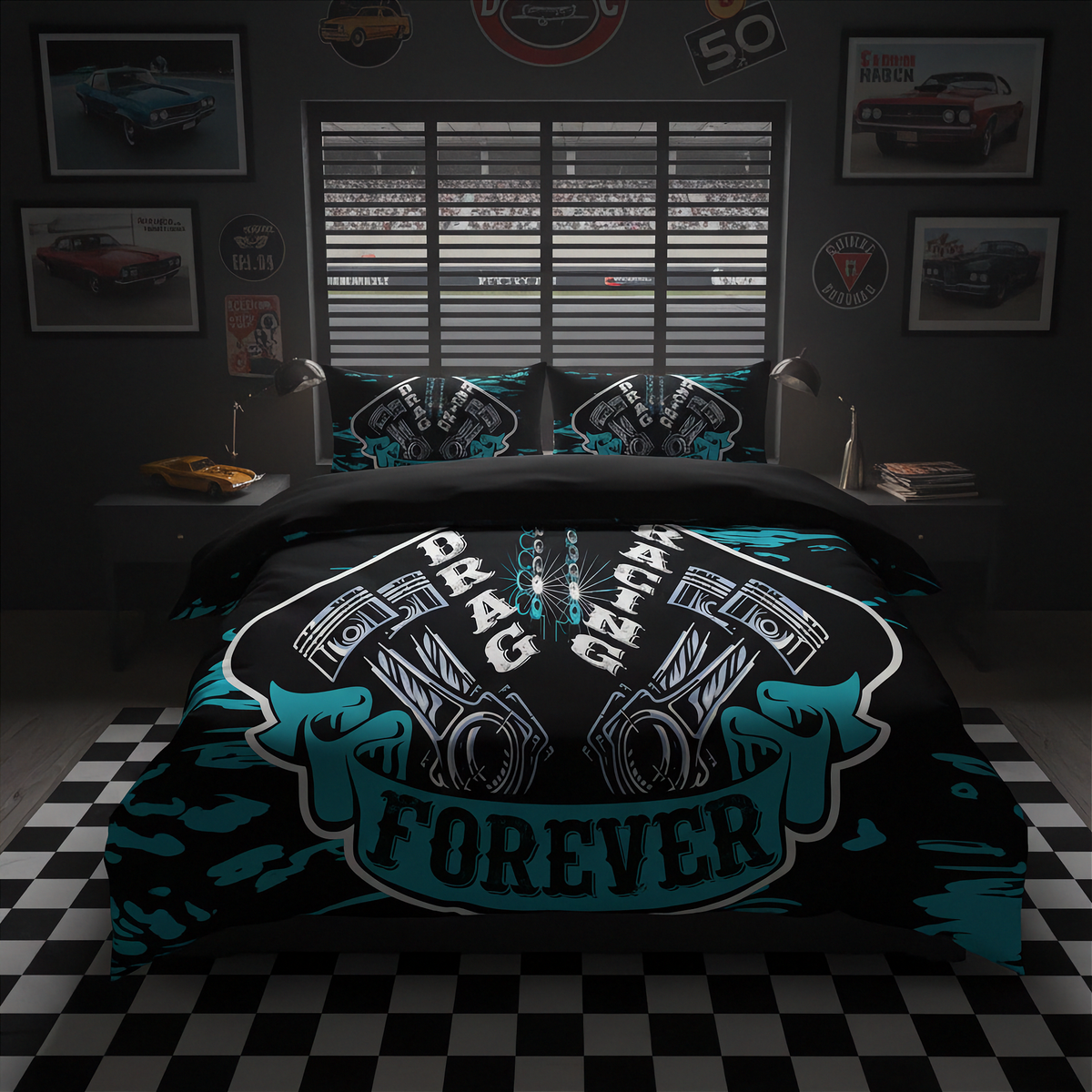 A bed dressed in a black drag racing themed bedding set with a large engine graphic and 'DRAG RACING FOREVER' text, styled in a dark garage room with checkered flooring, racing posters, and window blinds.