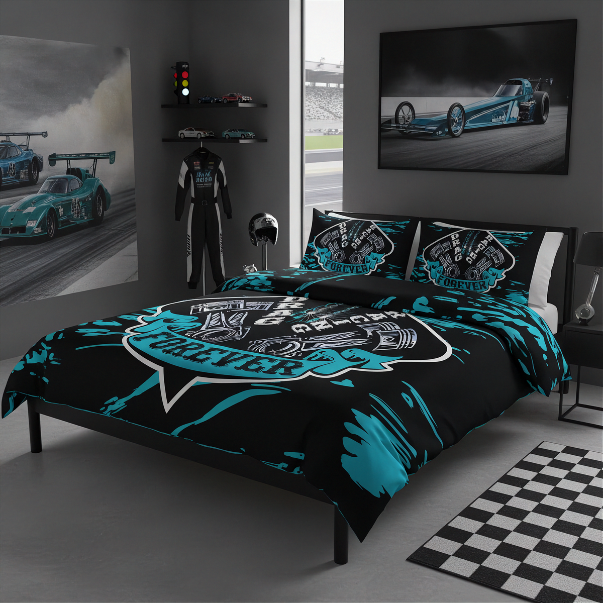 A racing-themed bedding set displayed on a bed in a modern gray bedroom. The set includes a duvet cover and two matching pillowcases featuring a black background with bright teal paint splatters and a large 'Racing Painters' graphic.
