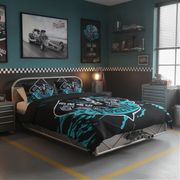 A racing-themed bedding set with a black duvet cover and matching pillowcases featuring a bright teal and white graphic design, styled in a modern garage-themed bedroom.