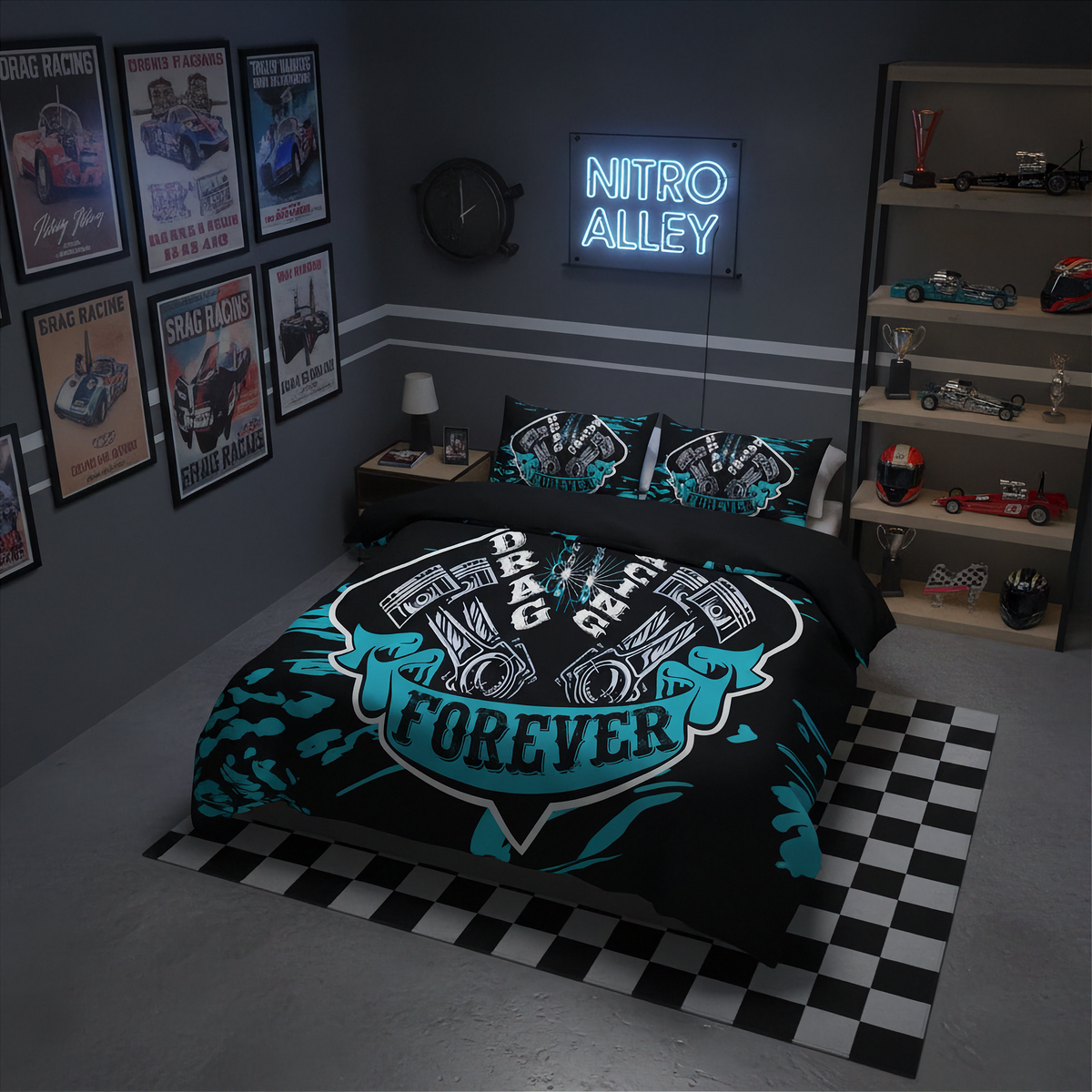 A racing-themed bedding set with a duvet cover and two pillowcases featuring a black, white, and teal engine graphic with the words 'RACING FOREVER'. The set is styled in a dark gray bedroom with a checkered floor mat, a neon sign reading 'NITRO ALLEY', and racing posters on the wall.