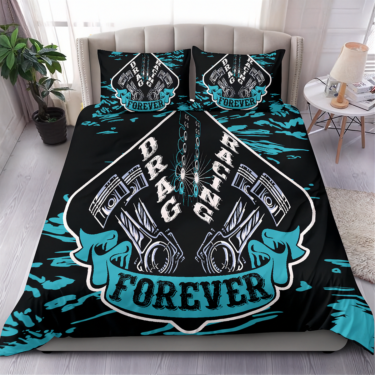 A bed dressed in a black bedding set with a large racing graphic and the words 'DRAG RACING FOREVER' in white and turquoise, plus two matching pillowcases, shown in a styled bedroom setting.