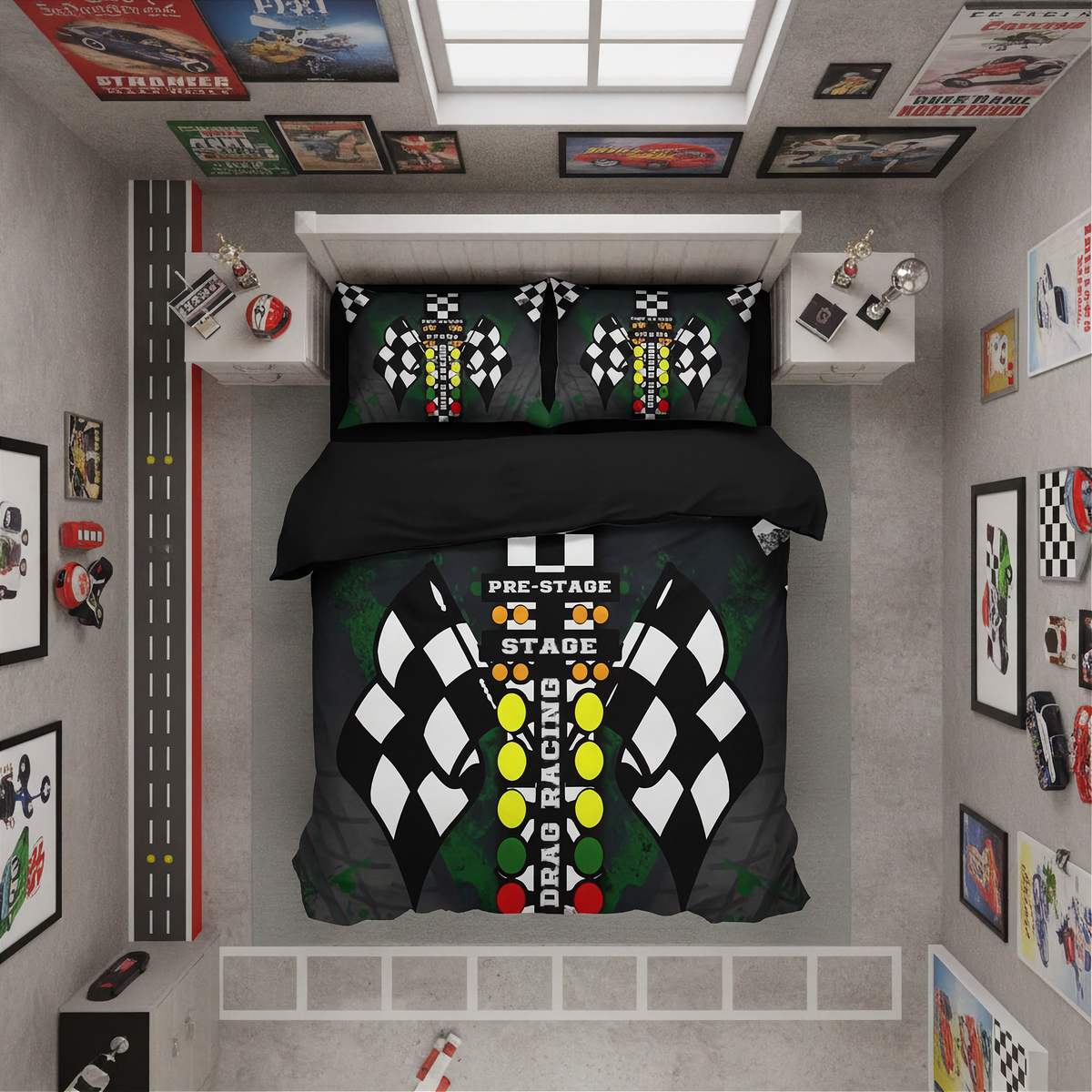 A top-down view of a racing-themed bedding set on a bed in a modern gray bedroom. The set includes a duvet cover and two pillowcases featuring a black and white checkered flag design, a vertical track graphic with yellow and red lights, and the words 'PRE-STAGE' and 'STAGE'.