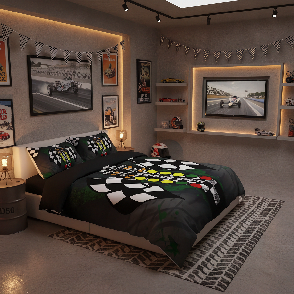A racing-themed bedding set displayed on a bed in a modern, styled racing garage bedroom. The set features a black base with a checkered flag pattern, green and yellow stripes, and a white checkered finish line graphic.