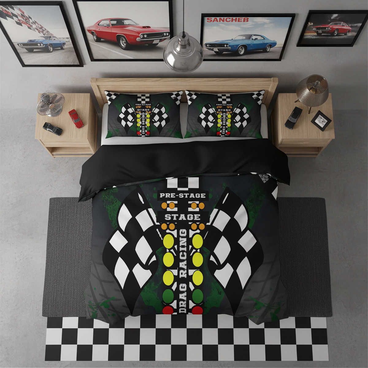 A top-down bedroom scene showing a racing-themed bedding set on a bed, with matching pillowcases. The duvet and pillows feature a black, white, and green checkered flag pattern with yellow and red track lights and the words 'PRE-STAGE' and 'RACING'.