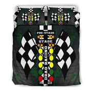 A racing-themed bedding set featuring a duvet cover and two matching pillowcases with a black and white checkered flag design, green distressed background, and a central vertical race track graphic with yellow, green, and red lights and the words 'PRE-STAGE', 'STAGE', and 'DRAG RACING'.