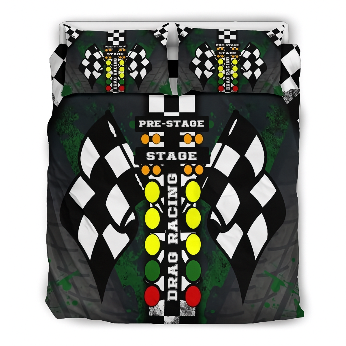 A racing-themed bedding set featuring a duvet cover and two matching pillowcases with a black and white checkered flag design, green distressed background, and a central vertical race track graphic with yellow, green, and red lights and the words 'PRE-STAGE', 'STAGE', and 'DRAG RACING'.