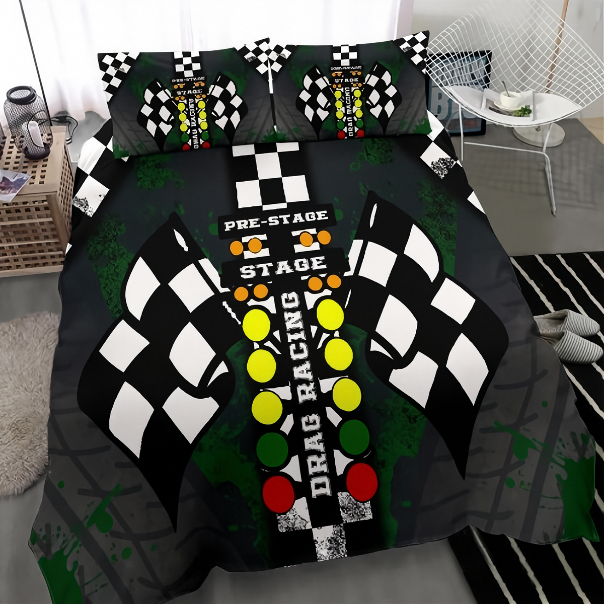 A bedding set featuring a duvet cover and two pillowcases with a drag racing theme, displayed on a bed in a modern bedroom setting. The design includes a black and white checkered pattern, green paint splatters, and colorful race lights.