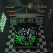 A themed drag racing bedding set displayed on a bed in a dark, checkered drag-racing themed bedroom. The set includes a duvet cover and two pillowcases featuring a black and green graphic design with the words 'DRAG RACING FOREVER' and a winged wheel motif.