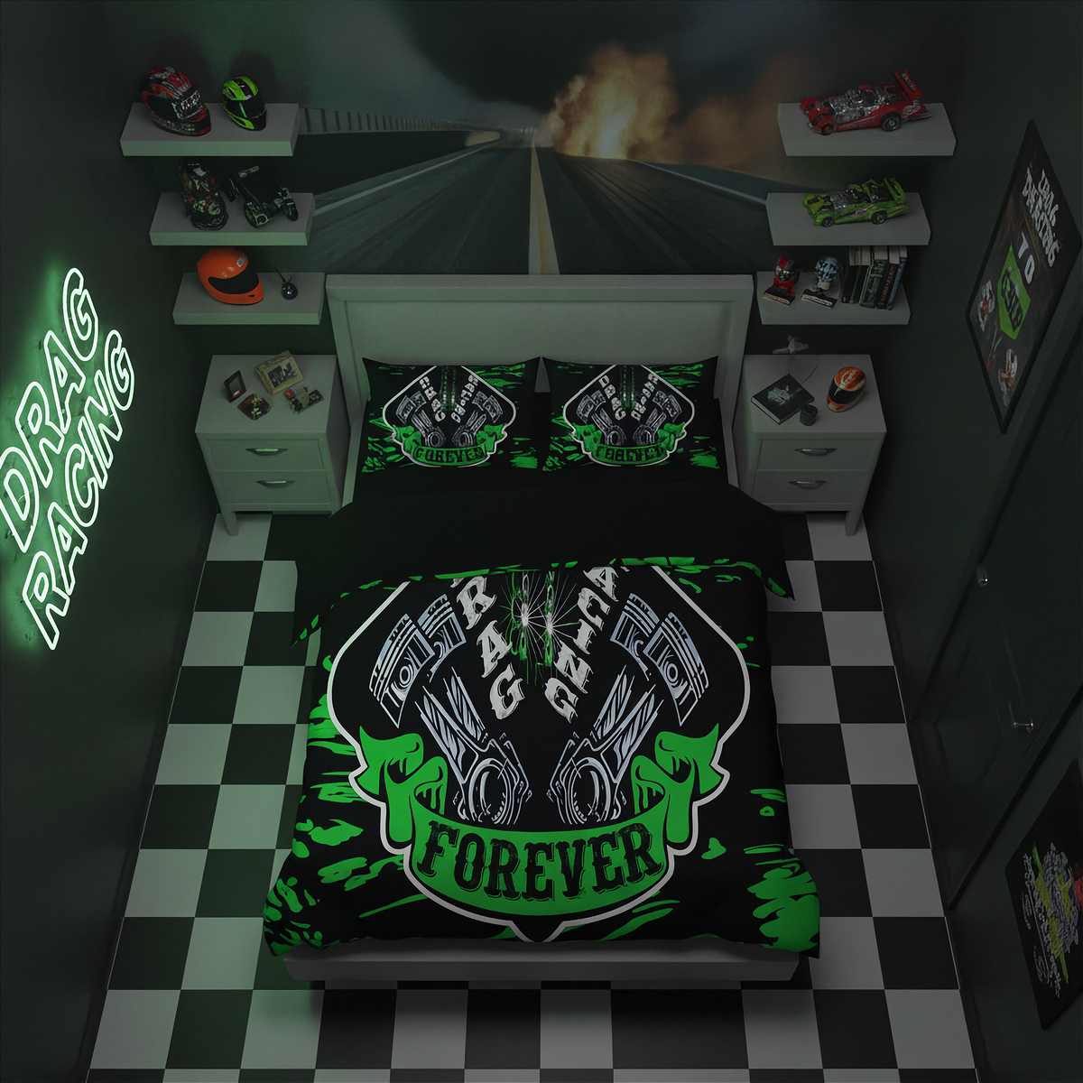 A themed drag racing bedding set displayed on a bed in a dark, checkered drag-racing themed bedroom. The set includes a duvet cover and two pillowcases featuring a black and green graphic design with the words 'DRAG RACING FOREVER' and a winged wheel motif.