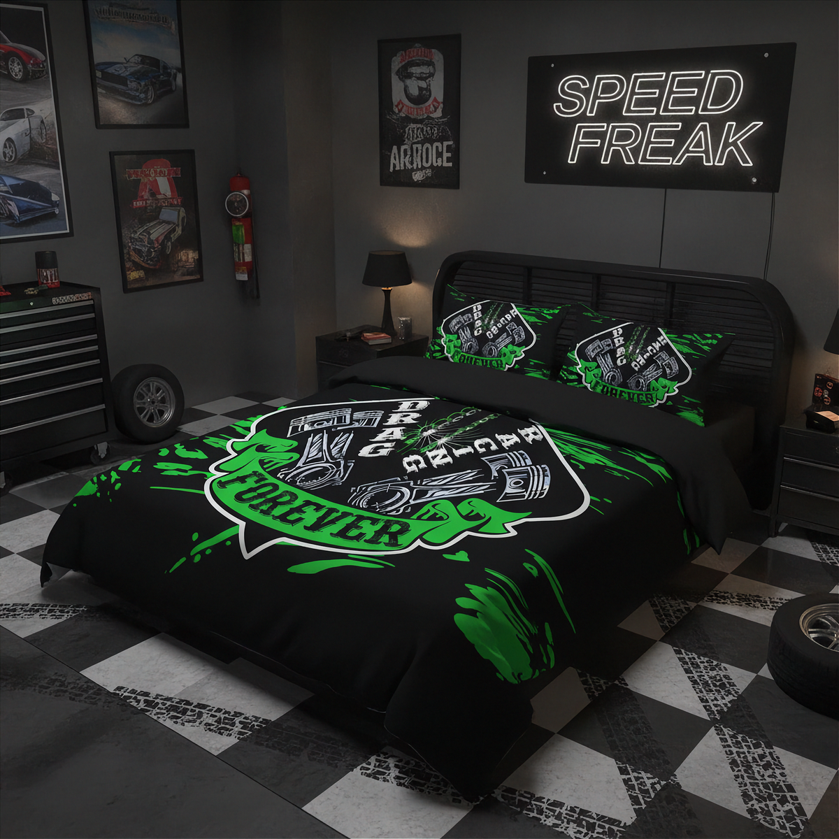 A black bedding set with a green and white 'Engine Forever' graphic is styled on a bed in a dark, modern garage-themed bedroom. The room features a black and white checkered floor, a black tool chest, and a neon sign on the wall that reads 'SPEED FREAK'.