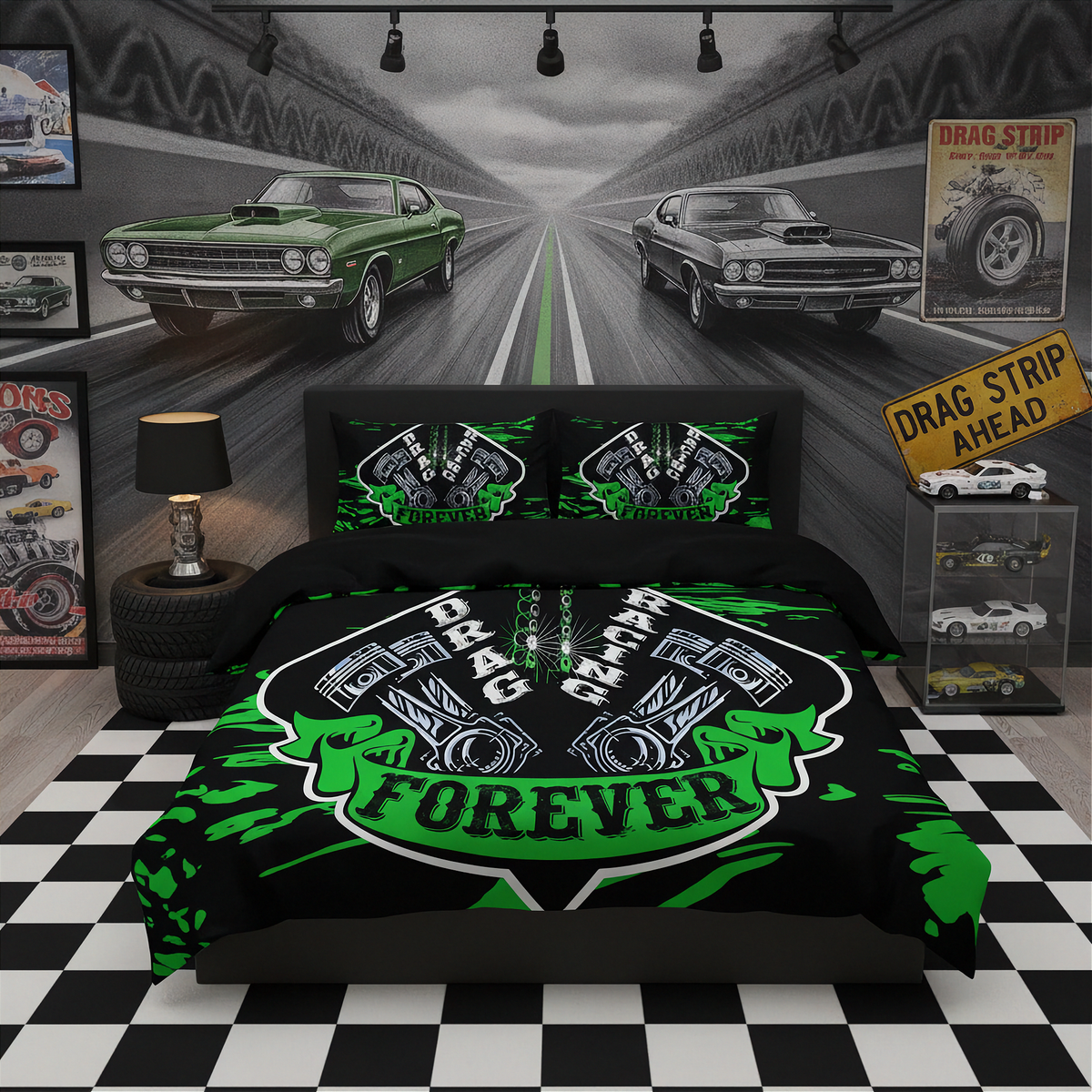 A bed dressed in a black and green drag racing themed bedding set, shown in a styled bedroom with a matching wall mural, checkered floor, and drag strip posters.