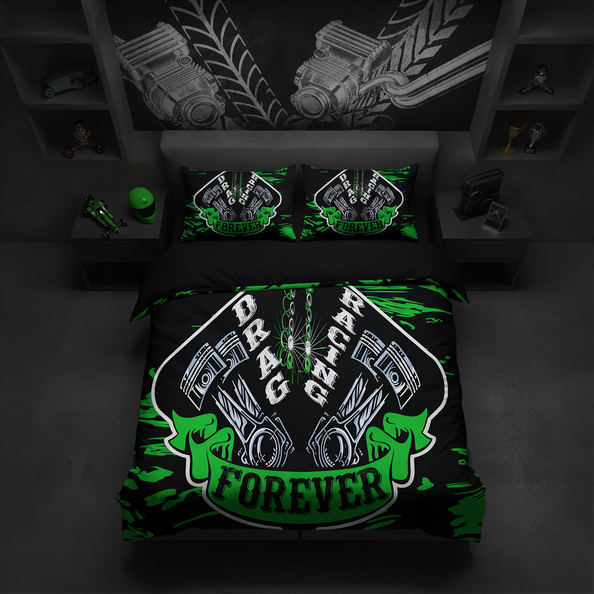 A dark-themed bedding set displayed on a bed in a styled bedroom. The set includes a duvet cover and two matching pillowcases, all featuring a black background with a large green and white engine graphic and the words 'DRAG GEAPHOR FOREVER'.