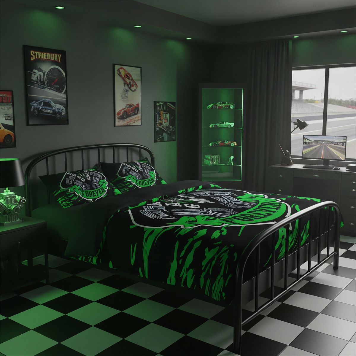 A dark-themed bedroom featuring a bed dressed in a black and neon green racing graphic comforter and matching pillow shams. The room has a black-and-white checkered floor, racing posters on the wall, a window with an outdoor view, and a glass display cabinet.
